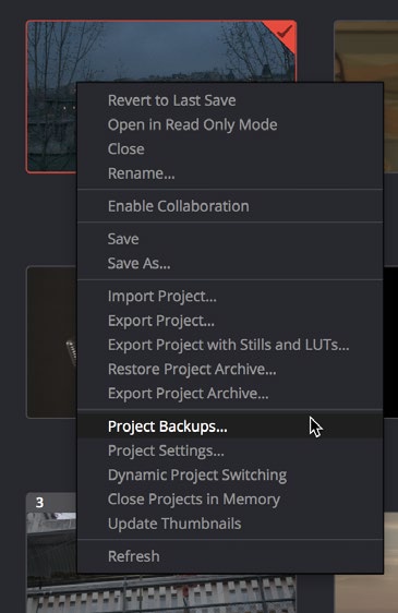 Project Manager contextual menu with Project Backups selected