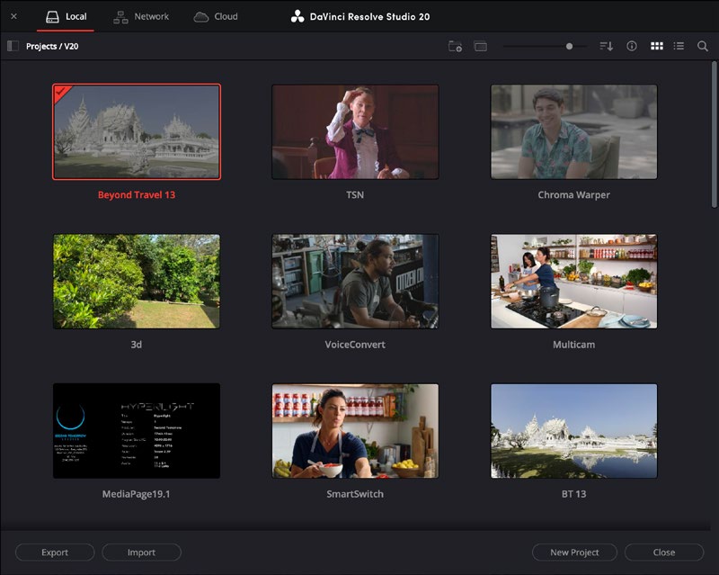 DaVinci Resolve Project Manager showing projects in a local Project Library