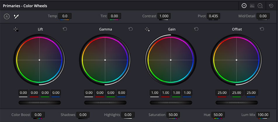 Resolve Primaries Color Wheels showing Lift, Gamma, Gain, and Offset