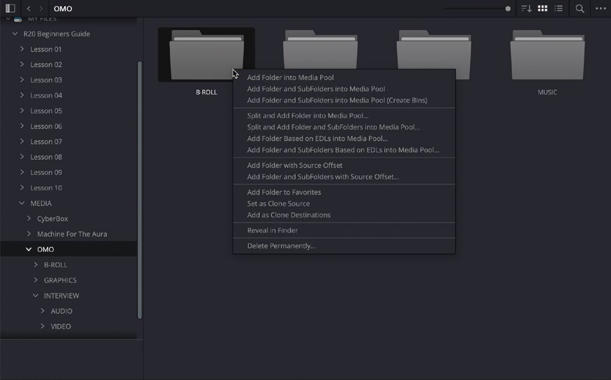 Media Storage context menu with options to add a folder to the Media Pool